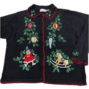 VTG Embroidered Beaded Christmas Sweater Women's XL Black Teacher Granny EUC!